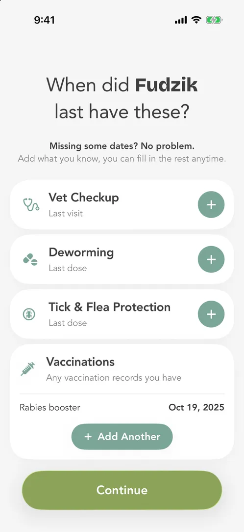 Hau care plan setup asking when the dog last had a vet checkup, deworming and tick & flea protection