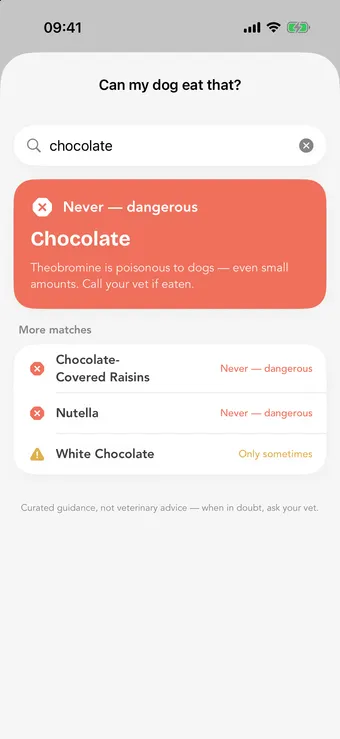 Food safety checker showing the chocolate verdict
